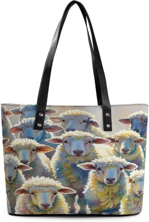 Leather Tote Bag Crossbody Bags for Women Fashion Top Handle Handbag Watercolor Sheeps Ladies Shoulder Bags Casual Beach Bag Gym Bages Ladies Purses for Shopping Work Travel
