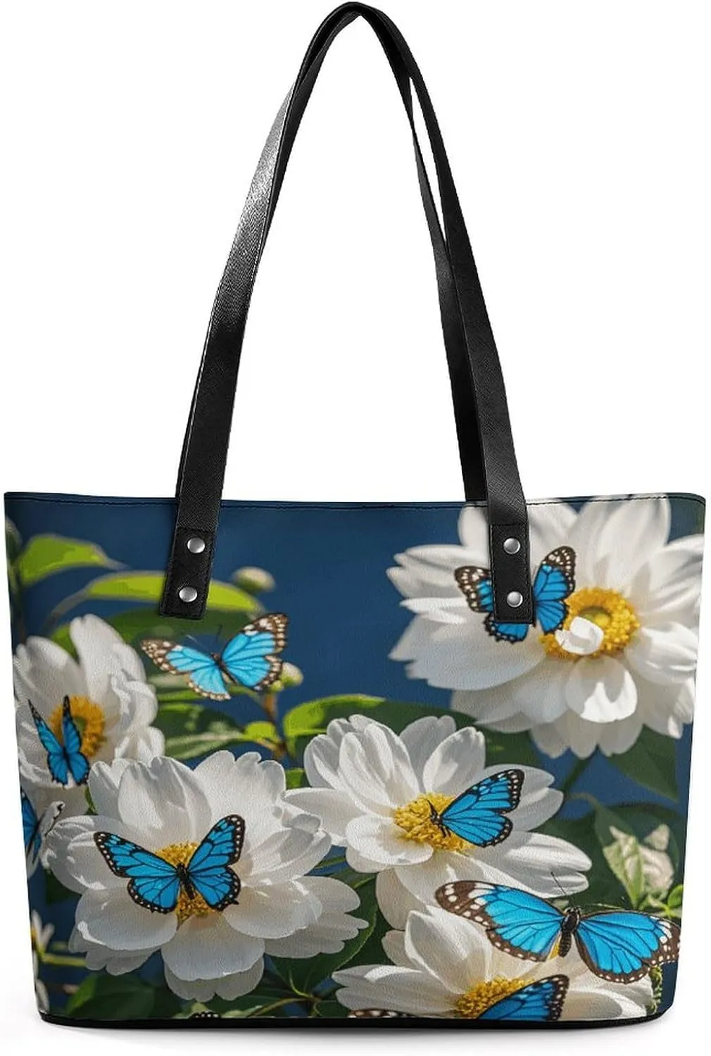 Leather Tote Bag Crossbody Bags for Women Fashion Top Handle Handbag White Blooms Blue Butterflies Ladies Shoulder Bags Casual Beach Bag Gym Bages Ladies Purses for Shopping Work Travel