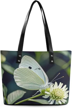 Leather Tote Bag Crossbody Bags for Women Fashion Top Handle Handbag White Butterfly Ladies Shoulder Bags Casual Beach Bag Gym Bages Ladies Purses for Shopping Work Travel