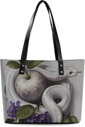 Leather Tote Bag Crossbody Bags for Women Fashion Top Handle Handbag White Snake And Flower Ladies Shoulder Bags Casual Beach Bag Gym Bages Ladies Purses for Shopping Work Travel