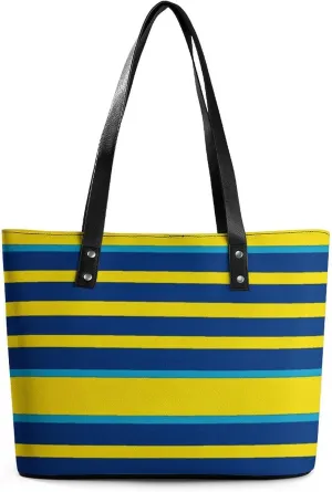 Leather Tote Bag Crossbody Bags for Women Fashion Top Handle Handbag Yellow And Blue Stripes Ladies Shoulder Bags Casual Beach Bag Gym Bages Ladies Purses for Shopping Work Travel