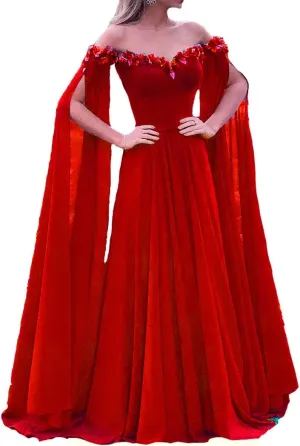 Lemai Floral Off The Shoulder Goddess Long Sleeves Cape Prom Evening Dresses