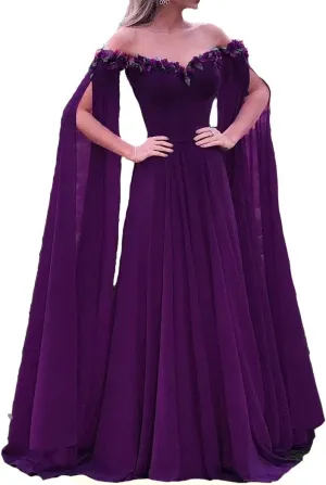 Lemai Floral Off The Shoulder Goddess Long Sleeves Cape Prom Evening Dresses