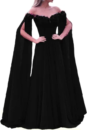 Lemai Floral Off The Shoulder Goddess Long Sleeves Cape Prom Evening Dresses