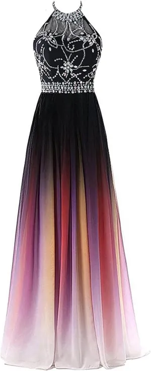 Lemai Long A Line Beaded Gradient Ombre Chiffon Formal Prom Evening Dresses