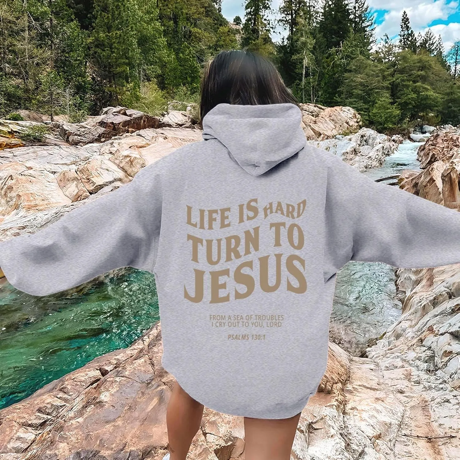 Life Is Hard Trun To Jesus Hoodies For Women Oversized Letter Graphic Y2K Hooded Pullover Tops Bible Verse Hoodie