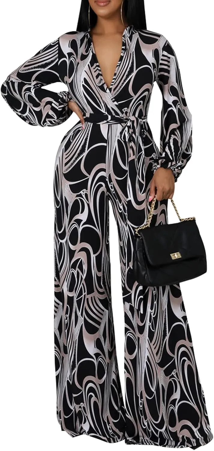 LightlyKiss Women Casual Sexy V Neck Sparkly Jumpsuits Long Sleeve Onesie Loose Pants Party Clubwear with Belt