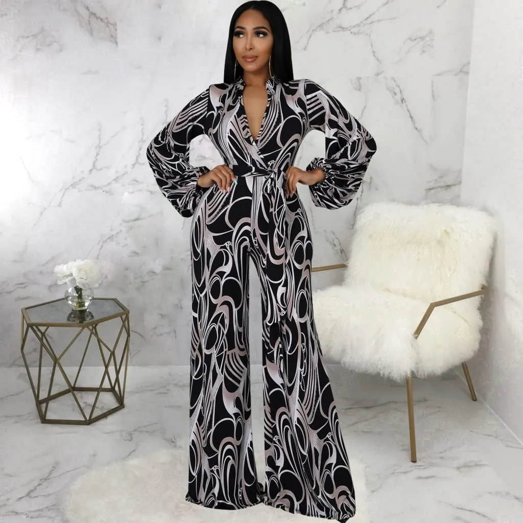 LightlyKiss Women Casual Sexy V Neck Sparkly Jumpsuits Long Sleeve Onesie Loose Pants Party Clubwear with Belt