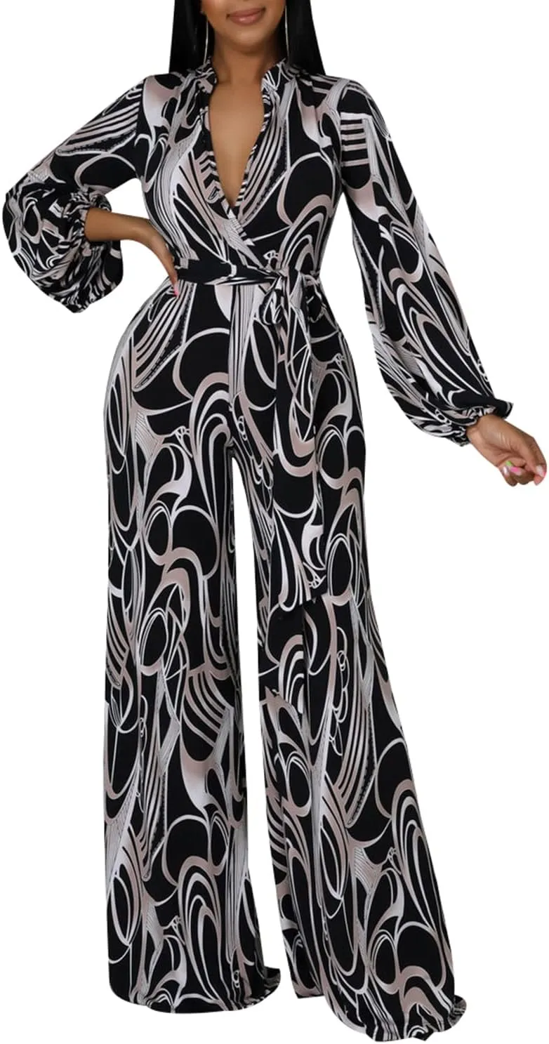 LightlyKiss Women Casual Sexy V Neck Sparkly Jumpsuits Long Sleeve Onesie Loose Pants Party Clubwear with Belt