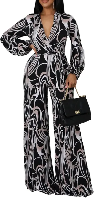 LightlyKiss Women Casual Sexy V Neck Sparkly Jumpsuits Long Sleeve Onesie Loose Pants Party Clubwear with Belt