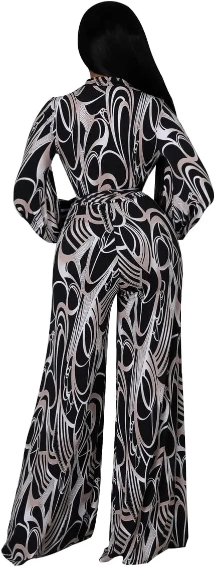 LightlyKiss Women Casual Sexy V Neck Sparkly Jumpsuits Long Sleeve Onesie Loose Pants Party Clubwear with Belt