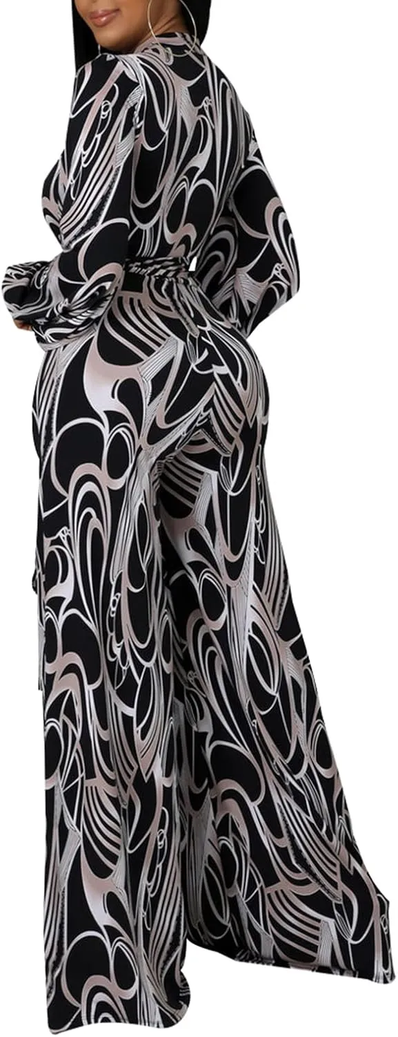 LightlyKiss Women Casual Sexy V Neck Sparkly Jumpsuits Long Sleeve Onesie Loose Pants Party Clubwear with Belt