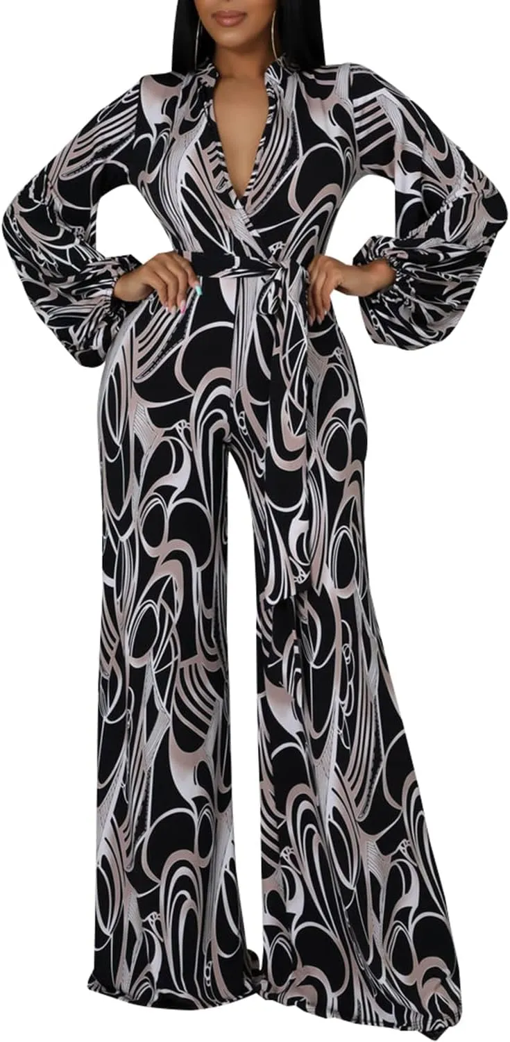 LightlyKiss Women Casual Sexy V Neck Sparkly Jumpsuits Long Sleeve Onesie Loose Pants Party Clubwear with Belt