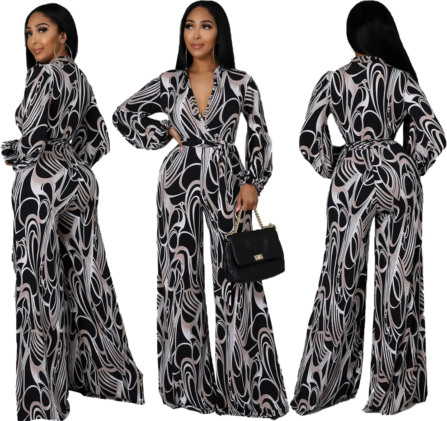 LightlyKiss Women Casual Sexy V Neck Sparkly Jumpsuits Long Sleeve Onesie Loose Pants Party Clubwear with Belt