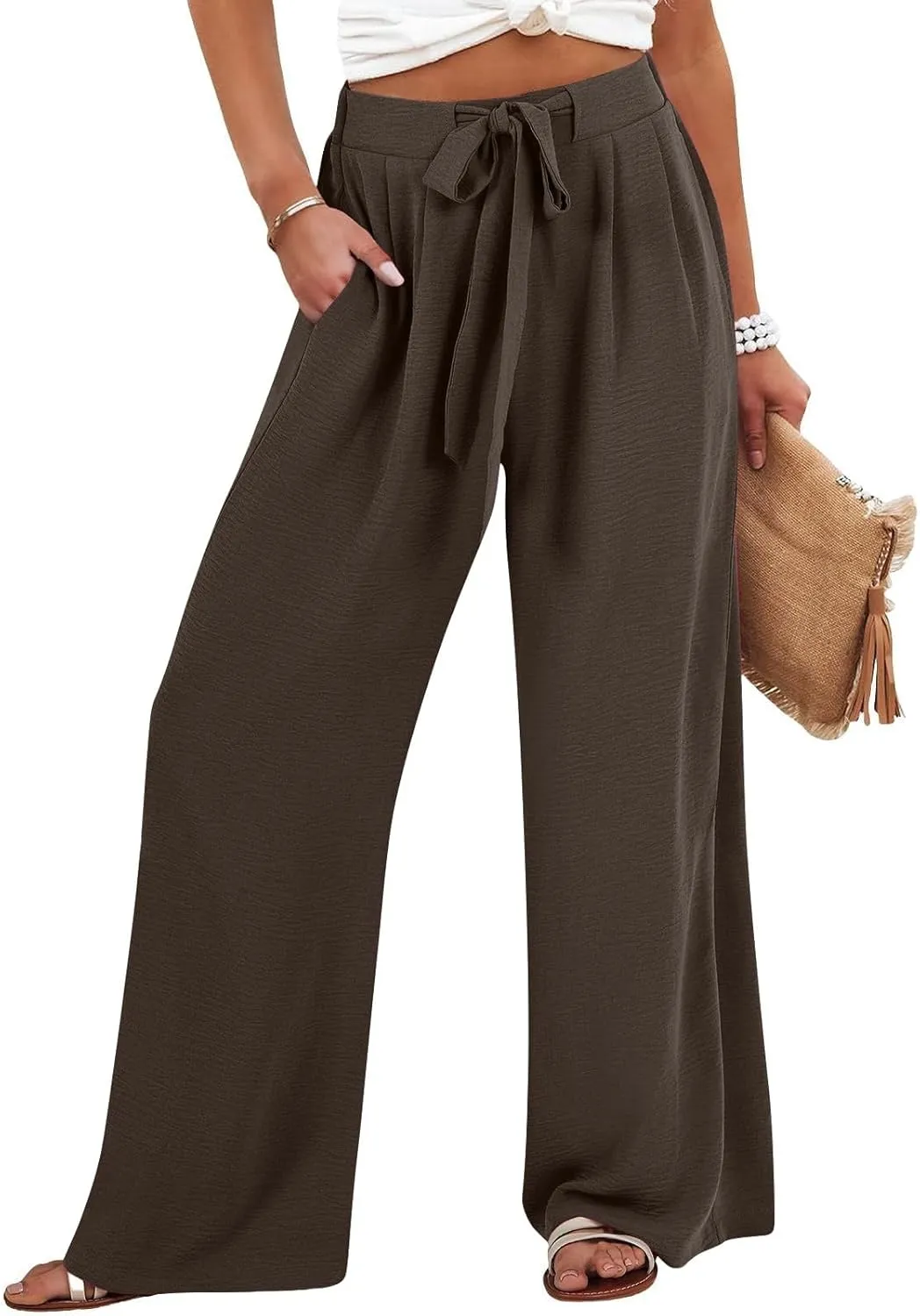 Linen Pants for Women 2025 Dressy High Waisted Wide Leg Palazzo Pants Summer Casual Loose Flowy Trousers with Pocket