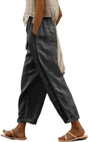 LOAIHA Women's Cotton Linen Pants Summer Casual Elastic High Waist Solid Straight Wide Leg Loose Fit Pants with Pockets