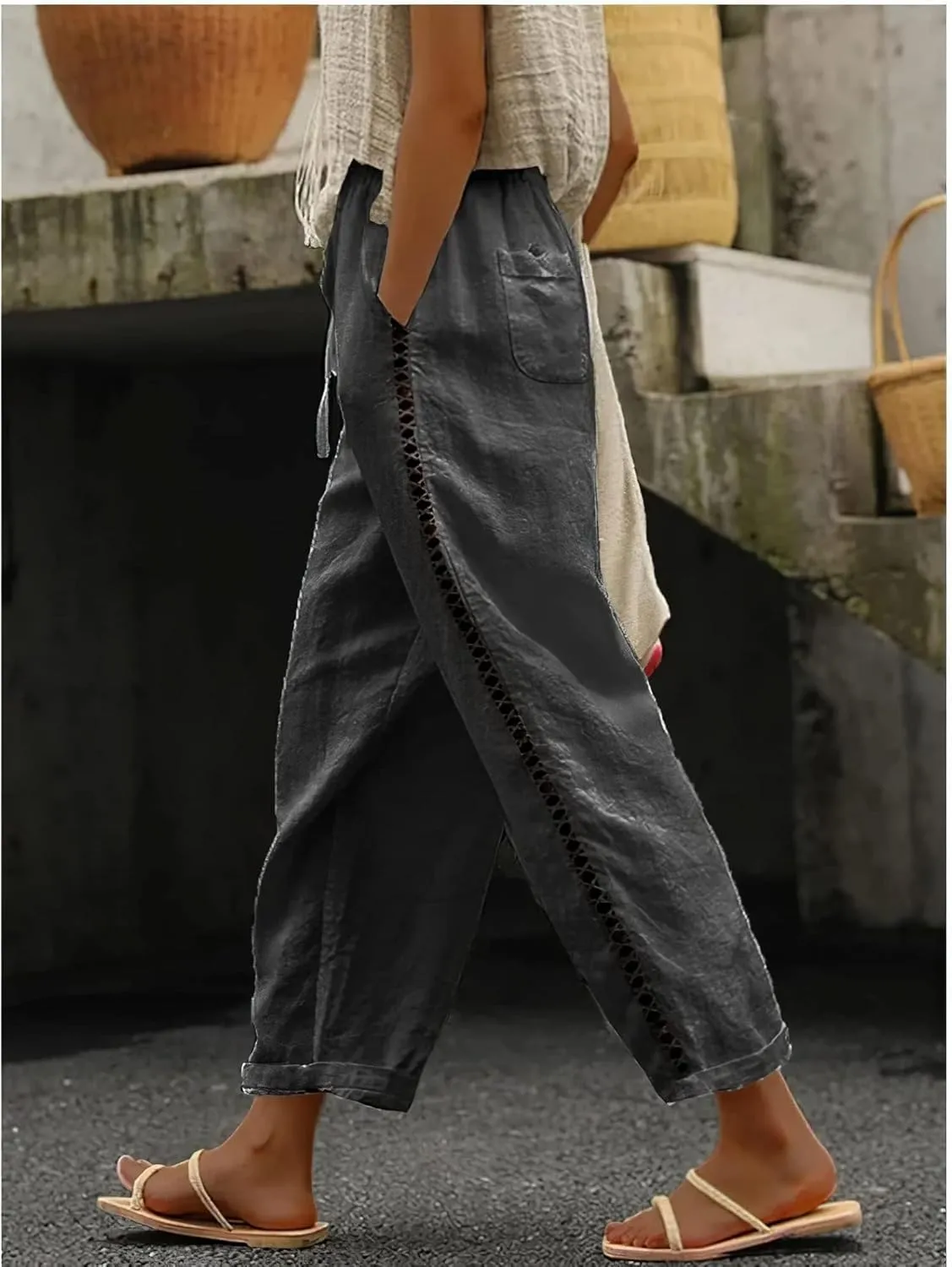 LOAIHA Women's Cotton Linen Pants Summer Casual Elastic High Waist Solid Straight Wide Leg Loose Fit Pants with Pockets