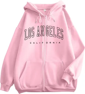 Los Angeles California Vintage Hoodies for Women Cool Zip Up Preppy Hooded Tops Fall Drawstring Letter Graphic Zipper
