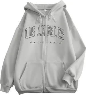 Los Angeles California Vintage Hoodies for Women Cool Zip Up Preppy Hooded Tops Fall Drawstring Letter Graphic Zipper