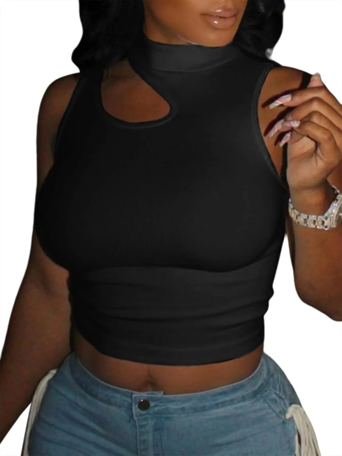 LovelyWholesale Womens 3 Pack Cut Out Crop Tops Mock Neck Summer Tank Top Sleeveless Shirt