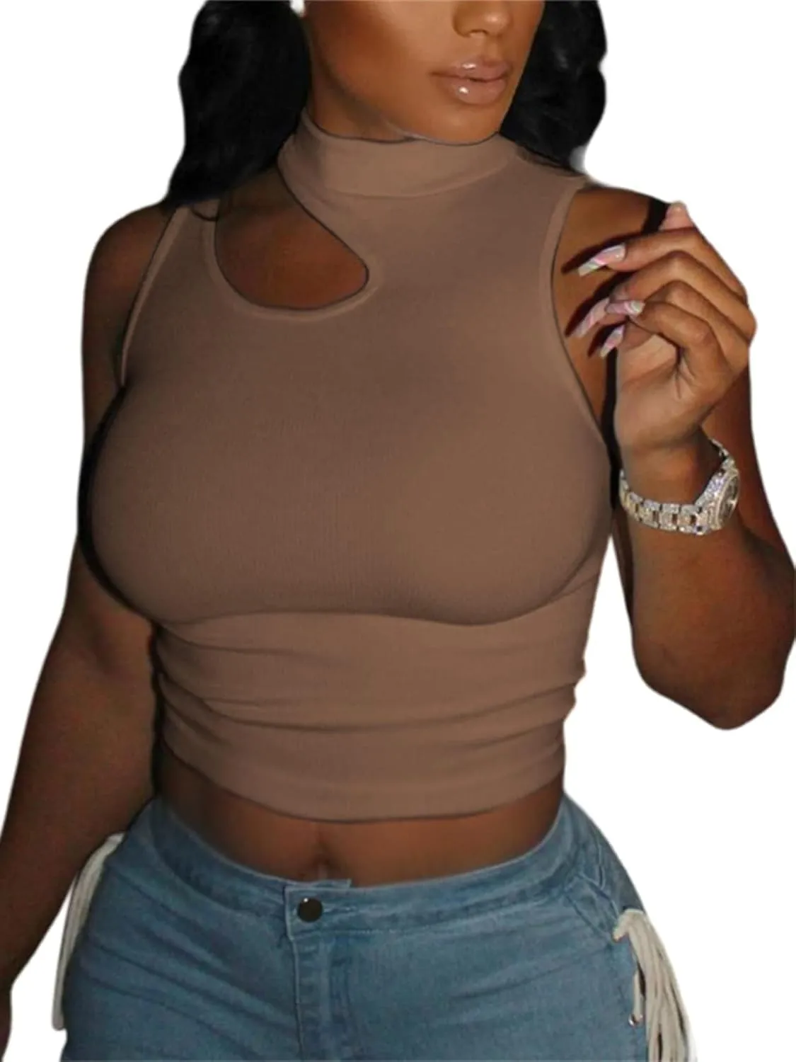 LovelyWholesale Womens 3 Pack Cut Out Crop Tops Mock Neck Summer Tank Top Sleeveless Shirt