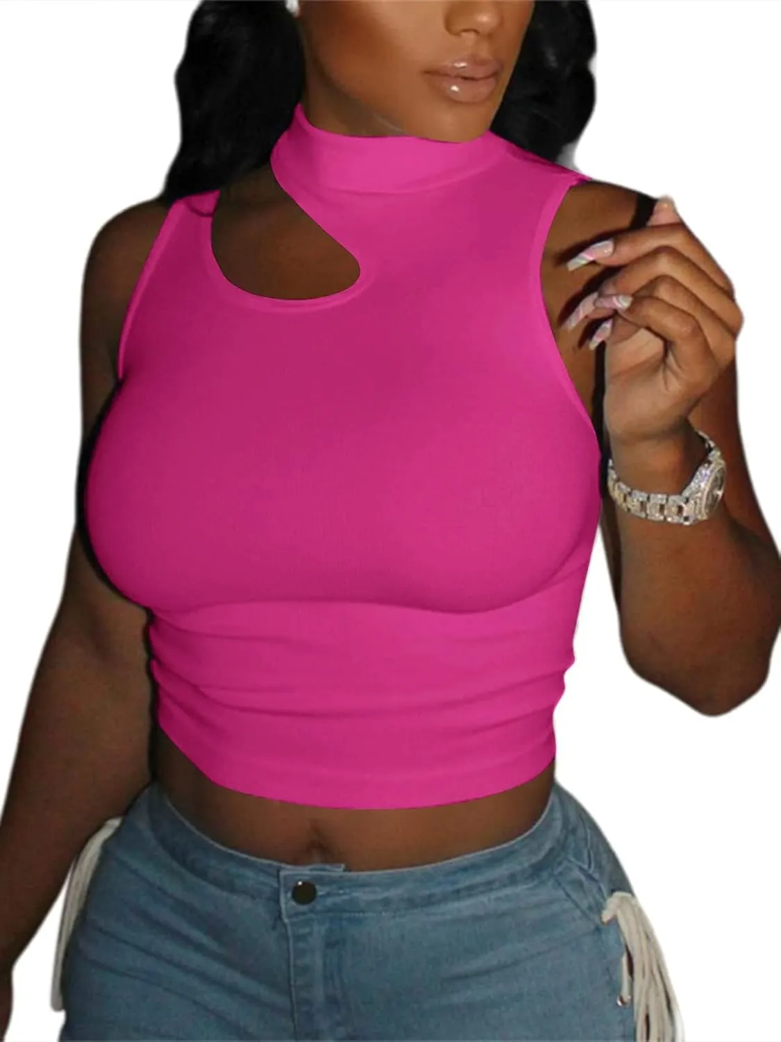 LovelyWholesale Womens 3 Pack Cut Out Crop Tops Mock Neck Summer Tank Top Sleeveless Shirt
