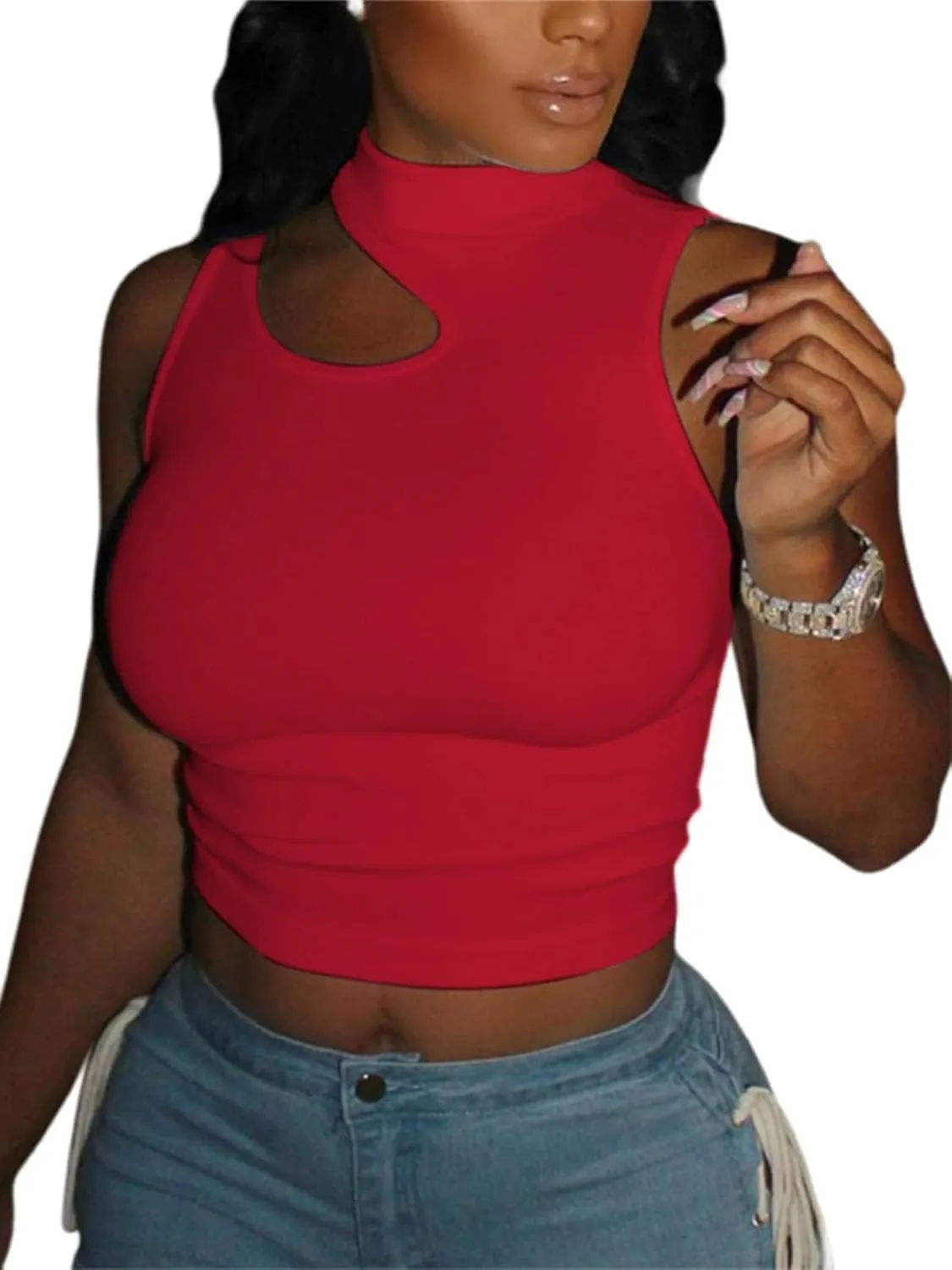 LovelyWholesale Womens 3 Pack Cut Out Crop Tops Mock Neck Summer Tank Top Sleeveless Shirt