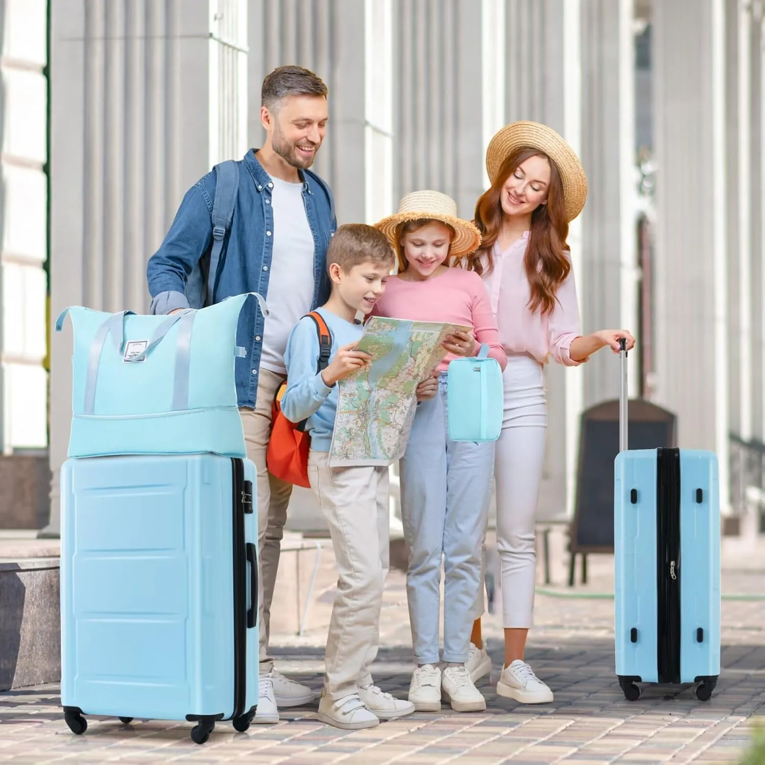 Luggage Set 4 Piece for Family Long Vacation, Expandable PC ABS Aqua Blue Suitcase with TSA Lock Spinner Wheels Lightweight Travel Bag (Aqua Blue, 20" 28")