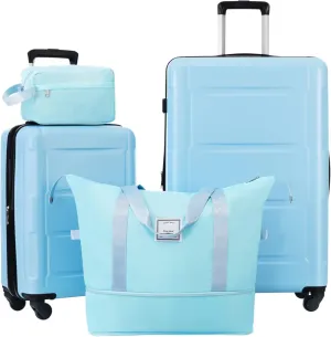 Luggage Set 4 Piece for Family Long Vacation, Expandable PC ABS Aqua Blue Suitcase with TSA Lock Spinner Wheels Lightweight Travel Bag (Aqua Blue, 20" 28")