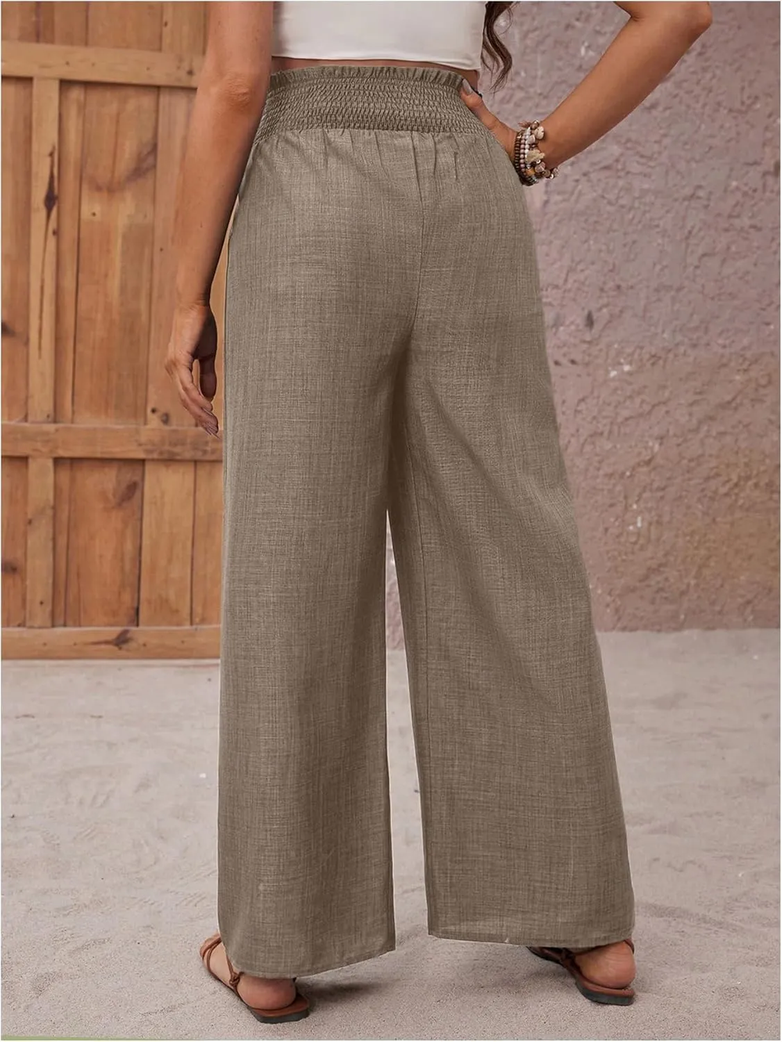 MakeMeChic Women's Maternity Pants Elastic Waist Wide Leg Frill Trim Loose Pregnancy Linen Palazzo Trousers