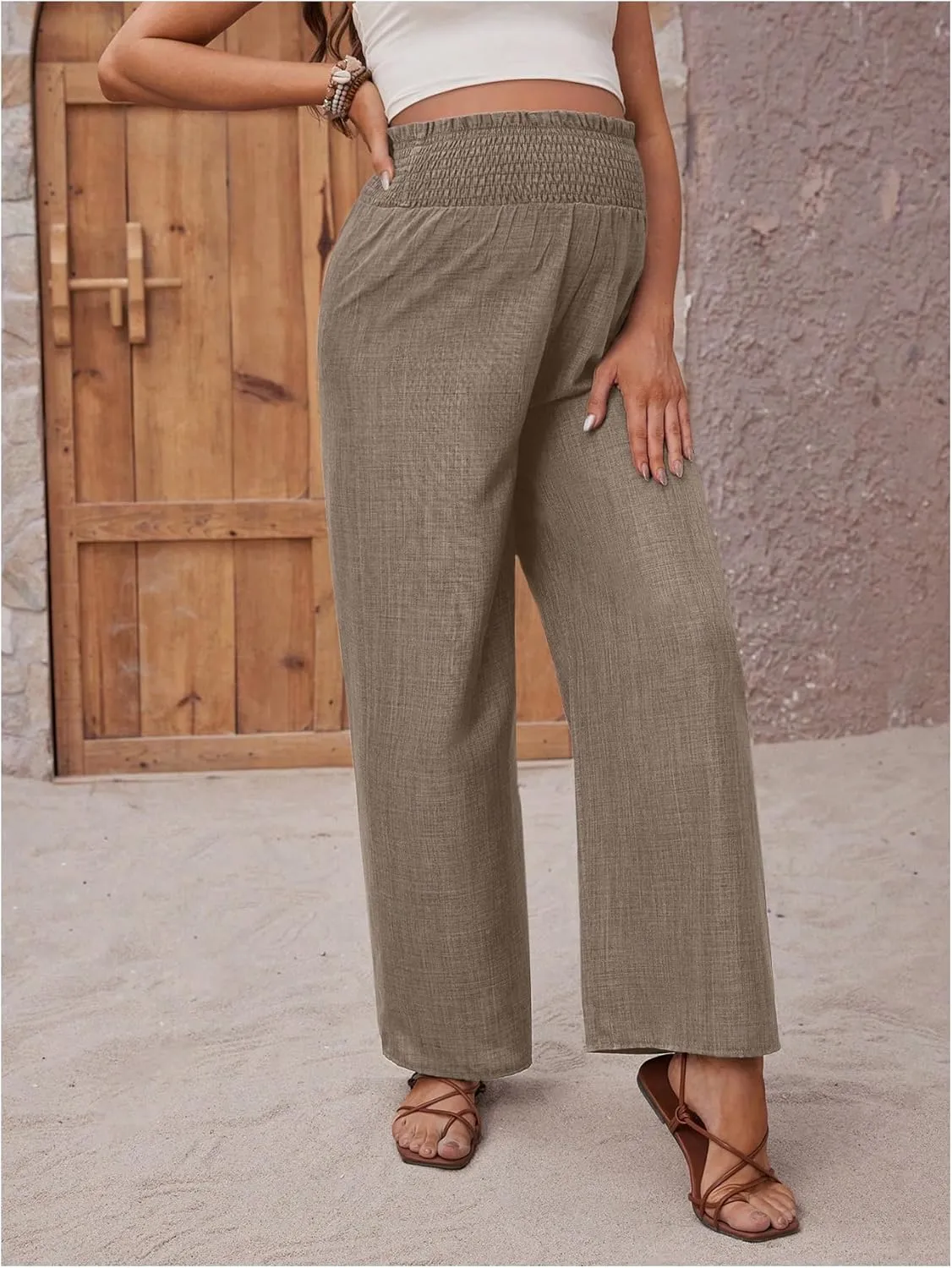 MakeMeChic Women's Maternity Pants Elastic Waist Wide Leg Frill Trim Loose Pregnancy Linen Palazzo Trousers