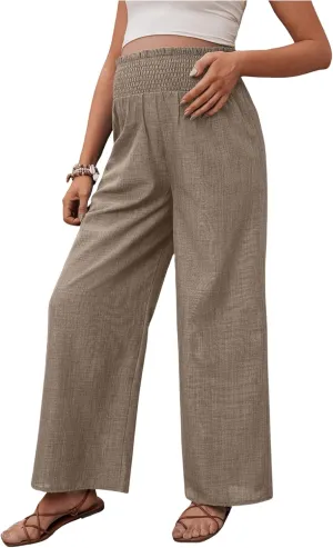 MakeMeChic Women's Maternity Pants Elastic Waist Wide Leg Frill Trim Loose Pregnancy Linen Palazzo Trousers