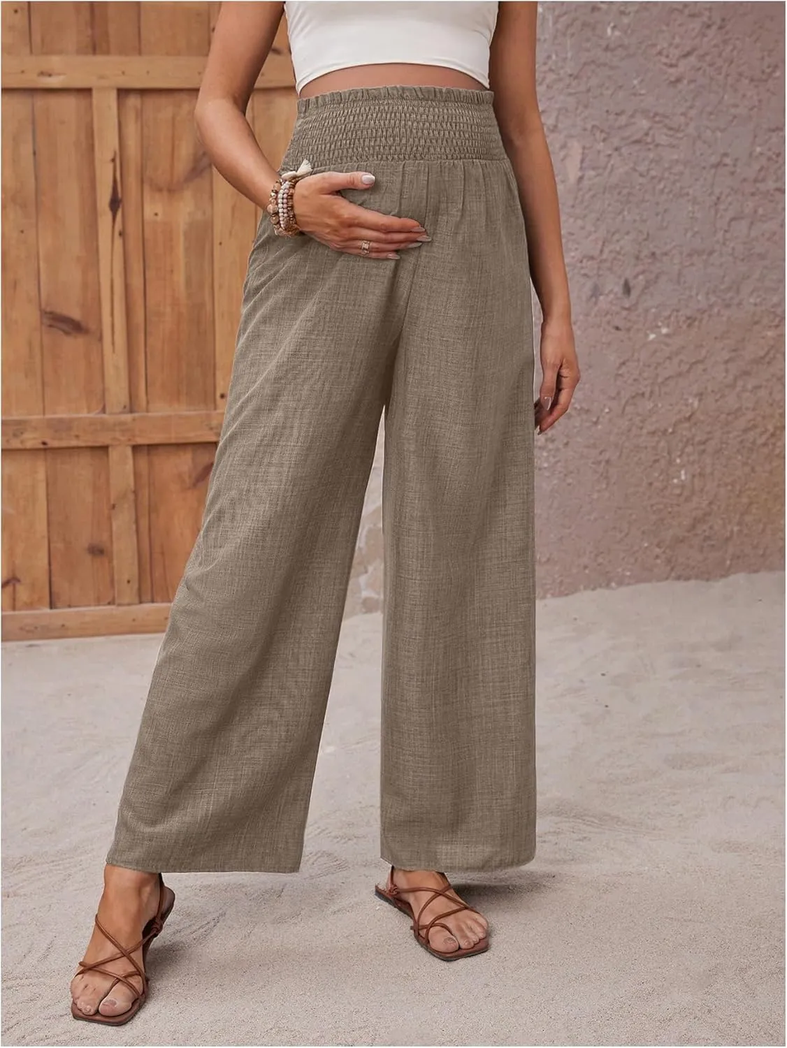 MakeMeChic Women's Maternity Pants Elastic Waist Wide Leg Frill Trim Loose Pregnancy Linen Palazzo Trousers