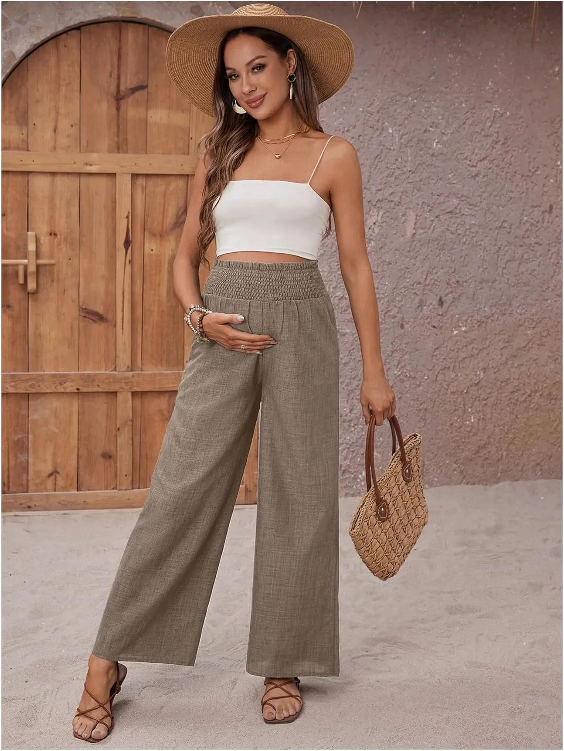 MakeMeChic Women's Maternity Pants Elastic Waist Wide Leg Frill Trim Loose Pregnancy Linen Palazzo Trousers