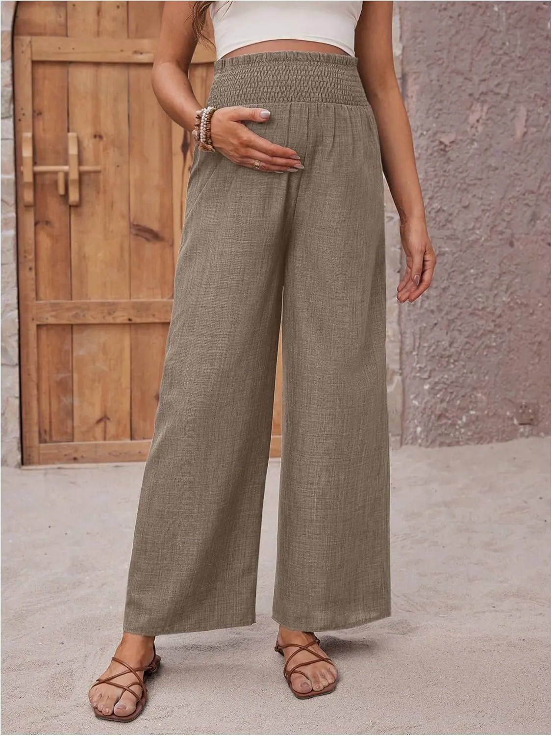 MakeMeChic Women's Maternity Pants Elastic Waist Wide Leg Frill Trim Loose Pregnancy Linen Palazzo Trousers