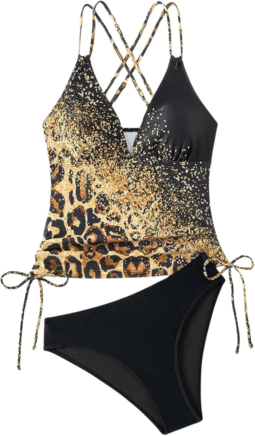 MakeMeChic Women's Tankini Swimsuits Sets Leopard Print Spaghetti Strap Ruched Beach Bathing Suit