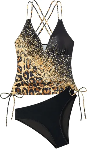MakeMeChic Women's Tankini Swimsuits Sets Leopard Print Spaghetti Strap Ruched Beach Bathing Suit
