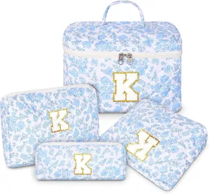 Makeup Bag, 4 Pcs Quilted Makeup Organizer Personalized Initial Gifts for Women Floral Make up Bag Cosmetic Bags Set Travel Toiletry Bag for Girlfriend Teen Girl Gifts Travel Essentials (Blue K)