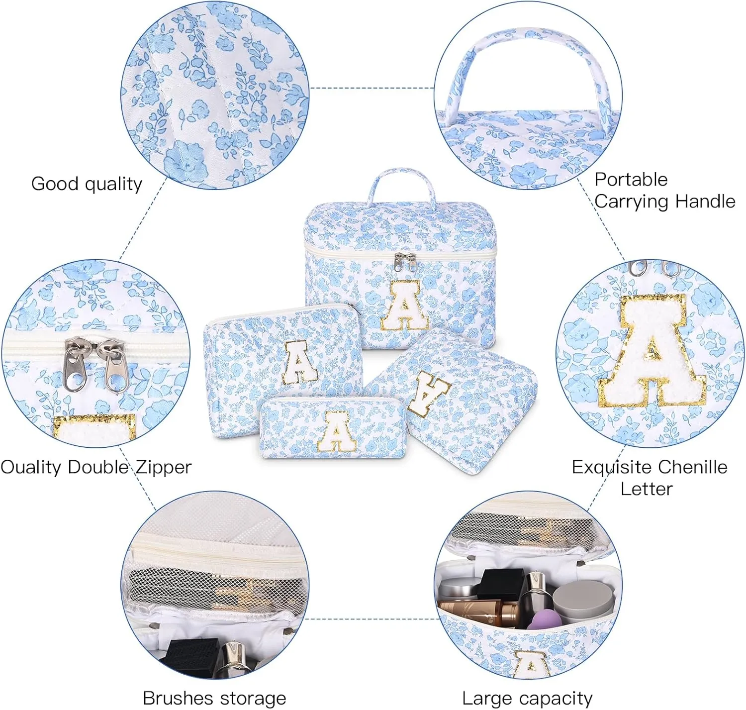 Makeup Bag, 4 Pcs Quilted Makeup Organizer Personalized Initial Gifts for Women Floral Make up Bag Cosmetic Bags Set Travel Toiletry Bag for Girlfriend Teen Girl Gifts Travel Essentials (Blue K)