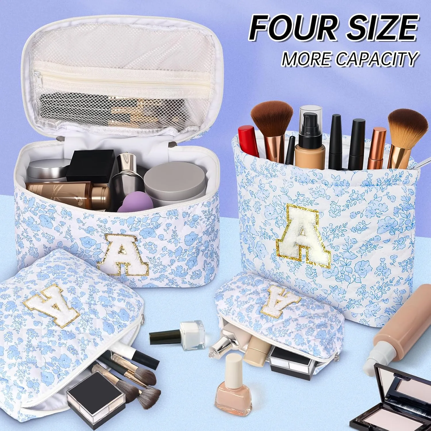 Makeup Bag, 4 Pcs Quilted Makeup Organizer Personalized Initial Gifts for Women Floral Make up Bag Cosmetic Bags Set Travel Toiletry Bag for Girlfriend Teen Girl Gifts Travel Essentials (Blue K)