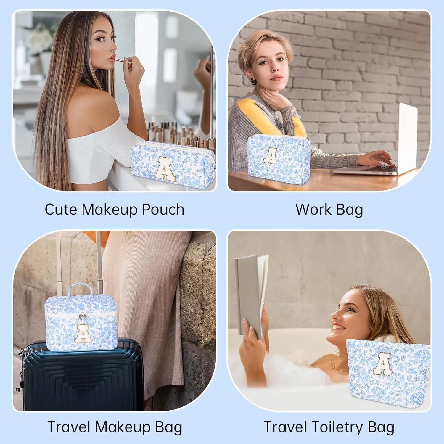 Makeup Bag, 4 Pcs Quilted Makeup Organizer Personalized Initial Gifts for Women Floral Make up Bag Cosmetic Bags Set Travel Toiletry Bag for Girlfriend Teen Girl Gifts Travel Essentials (Blue K)