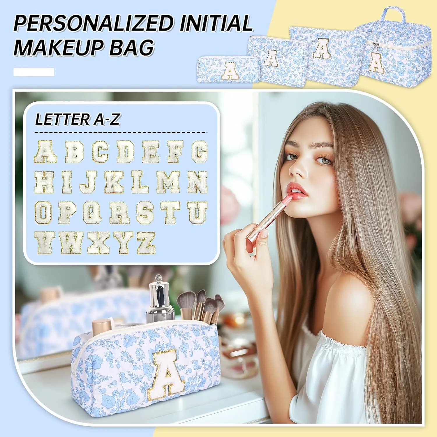 Makeup Bag, 4 Pcs Quilted Makeup Organizer Personalized Initial Gifts for Women Floral Make up Bag Cosmetic Bags Set Travel Toiletry Bag for Girlfriend Teen Girl Gifts Travel Essentials (Blue K)