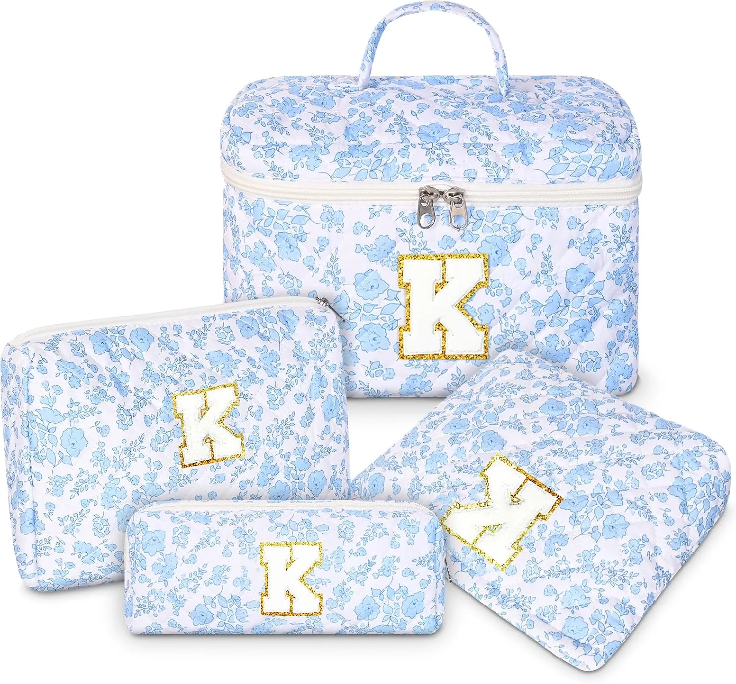 Makeup Bag, 4 Pcs Quilted Makeup Organizer Personalized Initial Gifts for Women Floral Make up Bag Cosmetic Bags Set Travel Toiletry Bag for Girlfriend Teen Girl Gifts Travel Essentials (Blue K)
