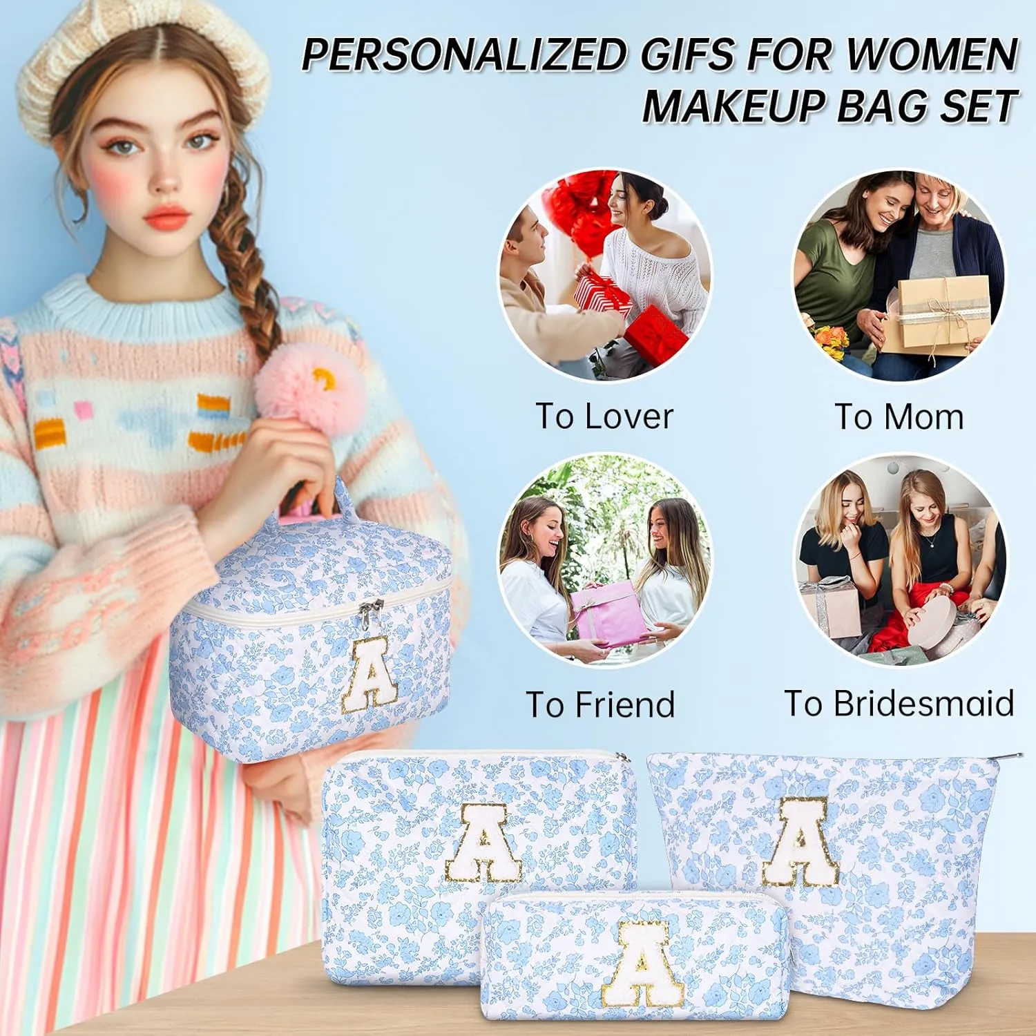 Makeup Bag, 4 Pcs Quilted Makeup Organizer Personalized Initial Gifts for Women Floral Make up Bag Cosmetic Bags Set Travel Toiletry Bag for Girlfriend Teen Girl Gifts Travel Essentials (Blue K)