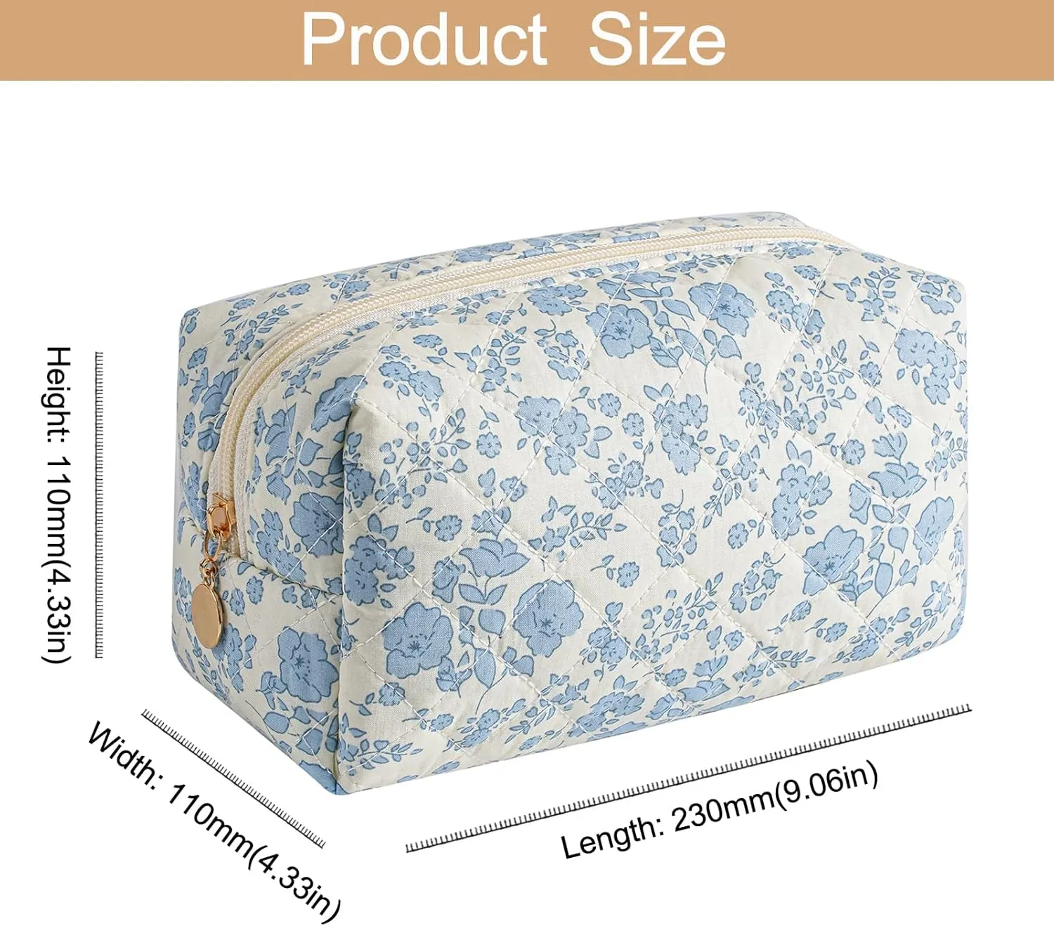 Makeup Bag Travel Cosmetic Bag for Women Girls, Zipper Make Up Pouch, Floral Flowers Toiletry Organizer Makeup, Portable Storage Cosmetic Travel Cloth Bag (Blue Floral)