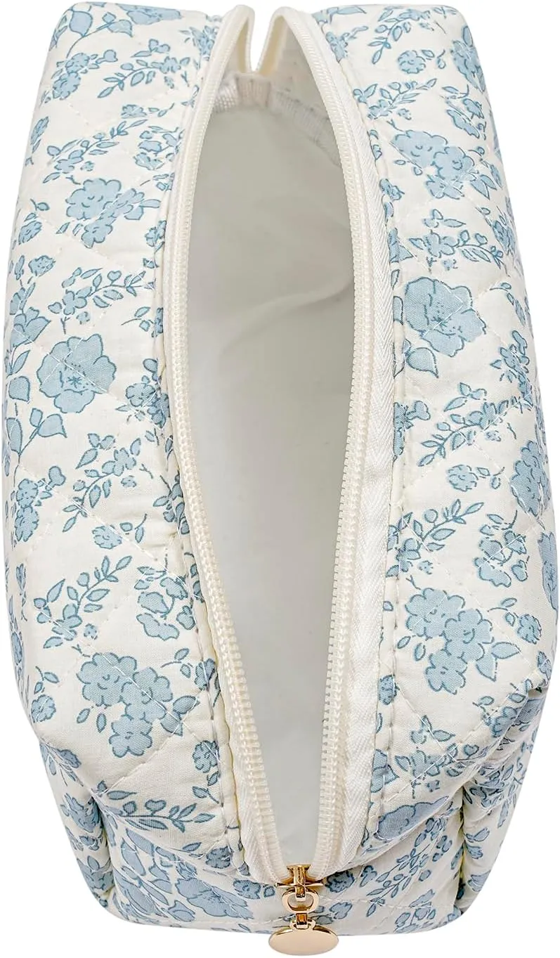 Makeup Bag Travel Cosmetic Bag for Women Girls, Zipper Make Up Pouch, Floral Flowers Toiletry Organizer Makeup, Portable Storage Cosmetic Travel Cloth Bag (Blue Floral)