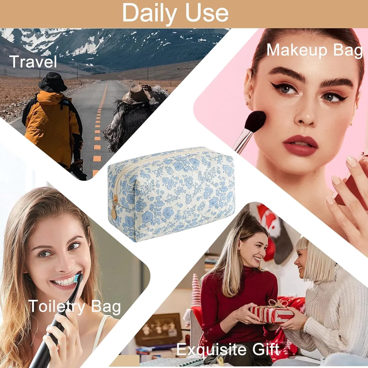 Makeup Bag Travel Cosmetic Bag for Women Girls, Zipper Make Up Pouch, Floral Flowers Toiletry Organizer Makeup, Portable Storage Cosmetic Travel Cloth Bag (Blue Floral)