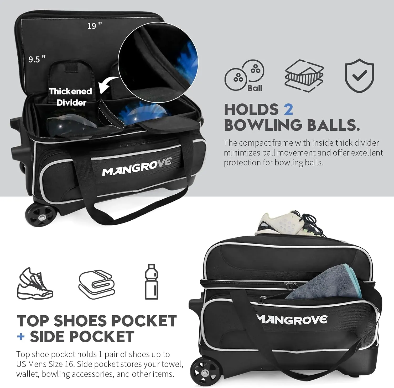Mangrove 2 Ball Bowling Bag with Wheels, Double Bowling Bags 2 Ball Roller w/Separate Compartment for Bowling Shoes (Up To US Mens Size 15), Accessory Pocket & Retractable Handle Extends To 40"
