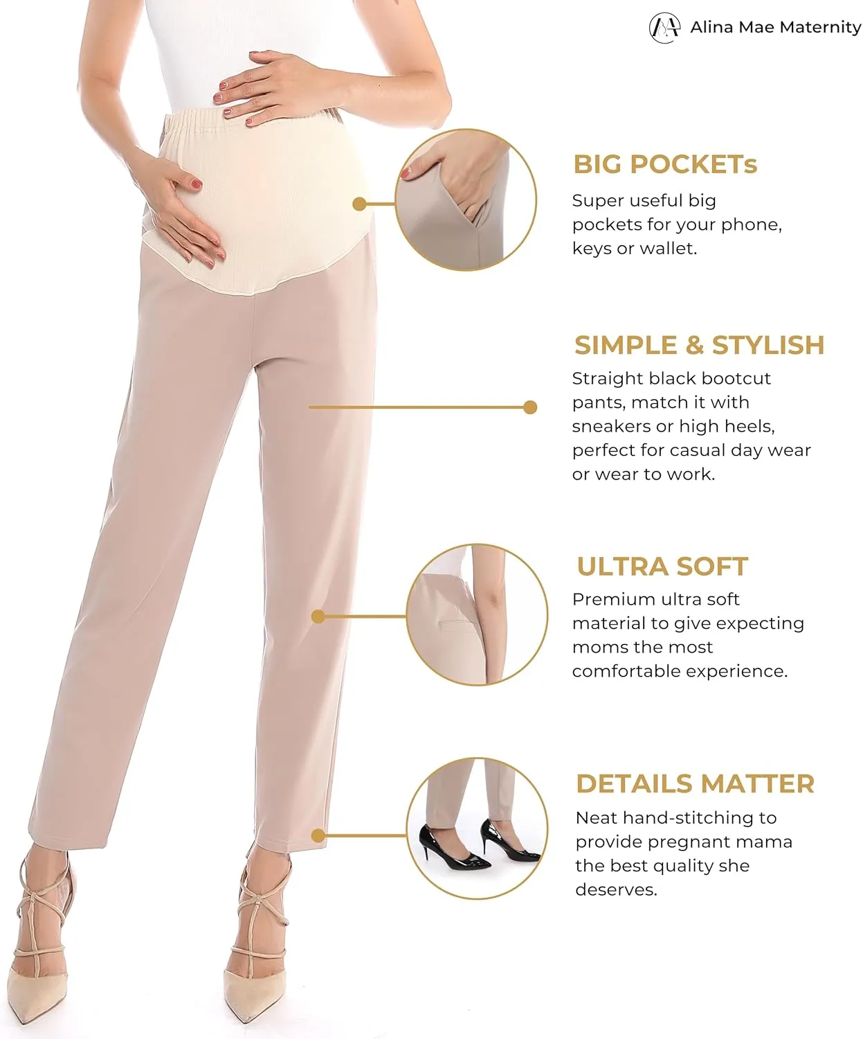Maternity Pants Work Over The Belly with Pockets, Womens Pregnancy Dress Pants Office Clothes Trousers Stretch Summer