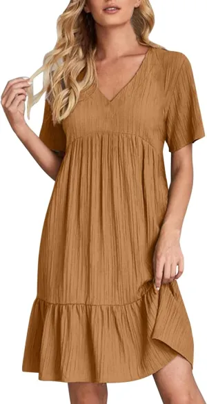 Maxi Dresses for Women 2025 Pleated Tiered A Line Flowy Midi Dress Plus Size Summer Short Sleeve V Neck Casual Dress